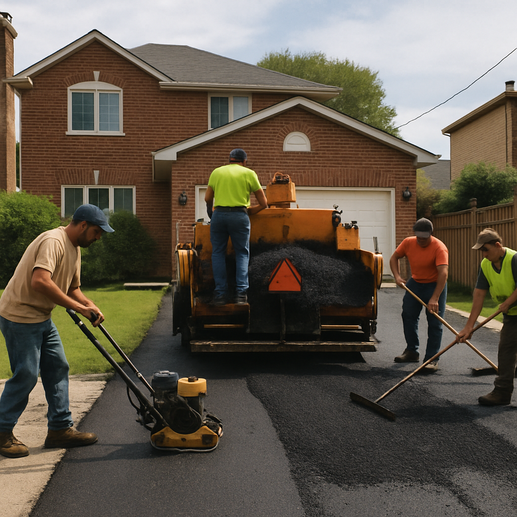 Contractors working on asphalt driveway