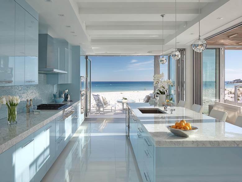 A kitchen with a large island and a large window
Description automatically generated