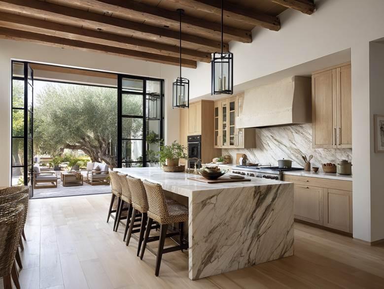 The image depicts a spacious, modern kitchen with exposed wooden beams, a marble island counter, a mix of white and warm tones, and an open layout with natural light streaming through large windows.
AI-generated content may be incorrect.
