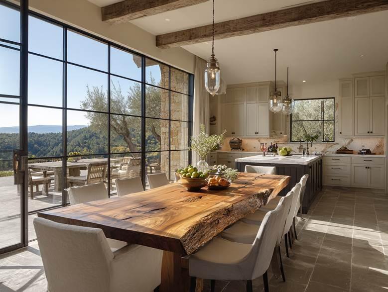 The image depicts a spacious, rustic kitchen with a large wooden table, open-plan layout, and a scenic view through large windows overlooking a lush, tree-filled landscape.
AI-generated content may be incorrect.